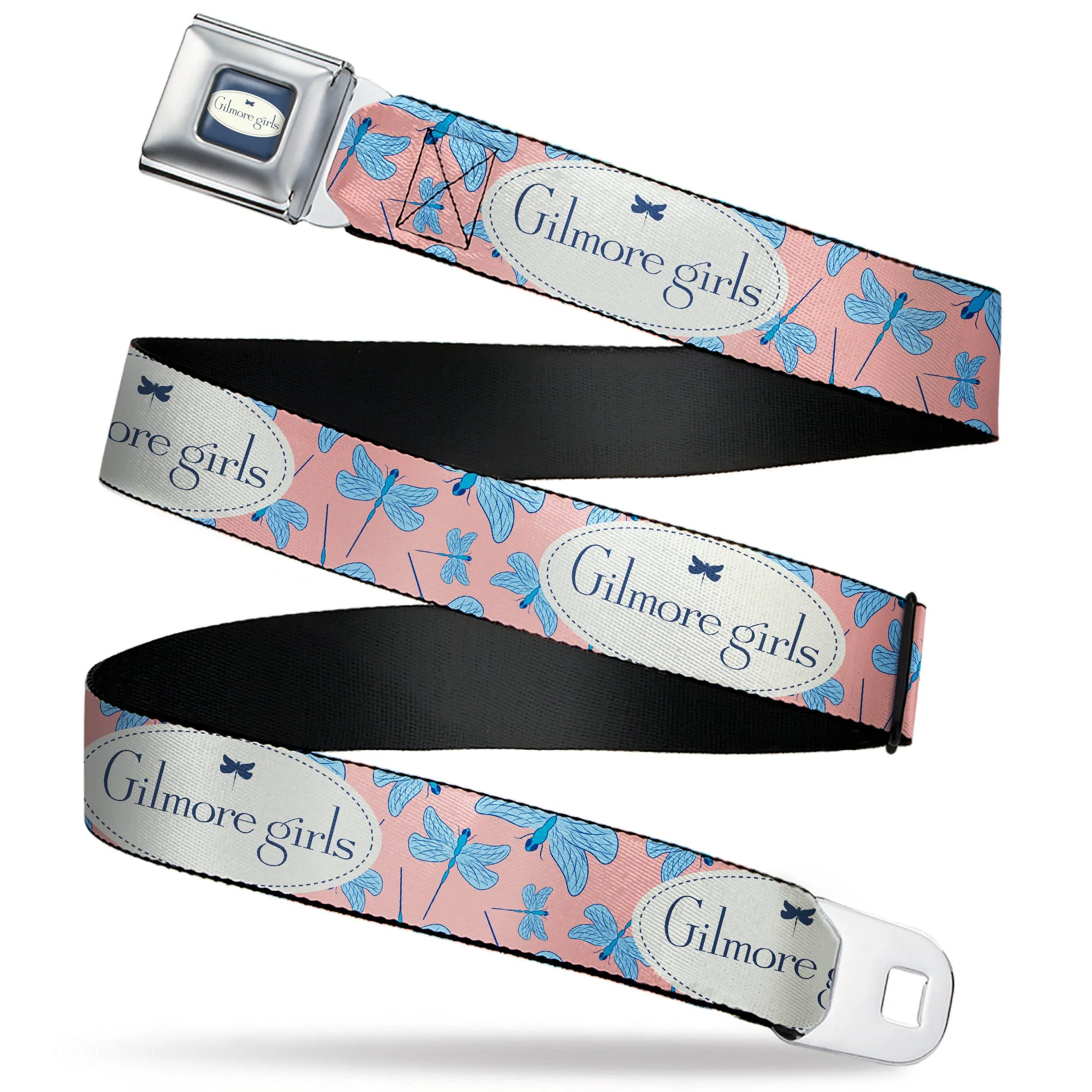 GILMORE GIRLS Title Logo Full Color Blue/White Seatbelt Belt - GILMORE GIRLS Title Logo and Dragon Flies Scattered Pink/White/Blues Webbing