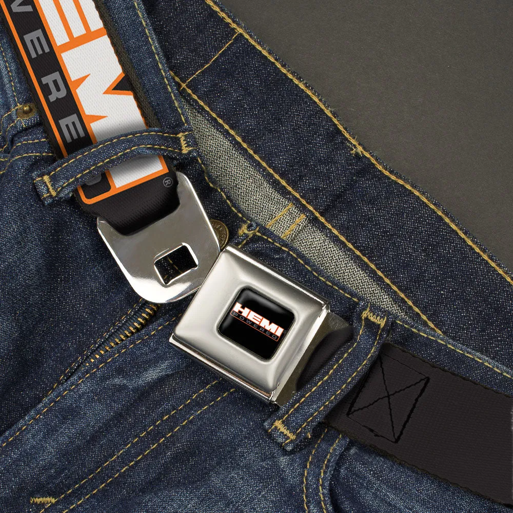 HEMI POWERED Logo Full Color Black Orange White Gray Seatbelt Belt - HEMI POWERED Logo Repeat Black/Orange/White/Gray Webbing