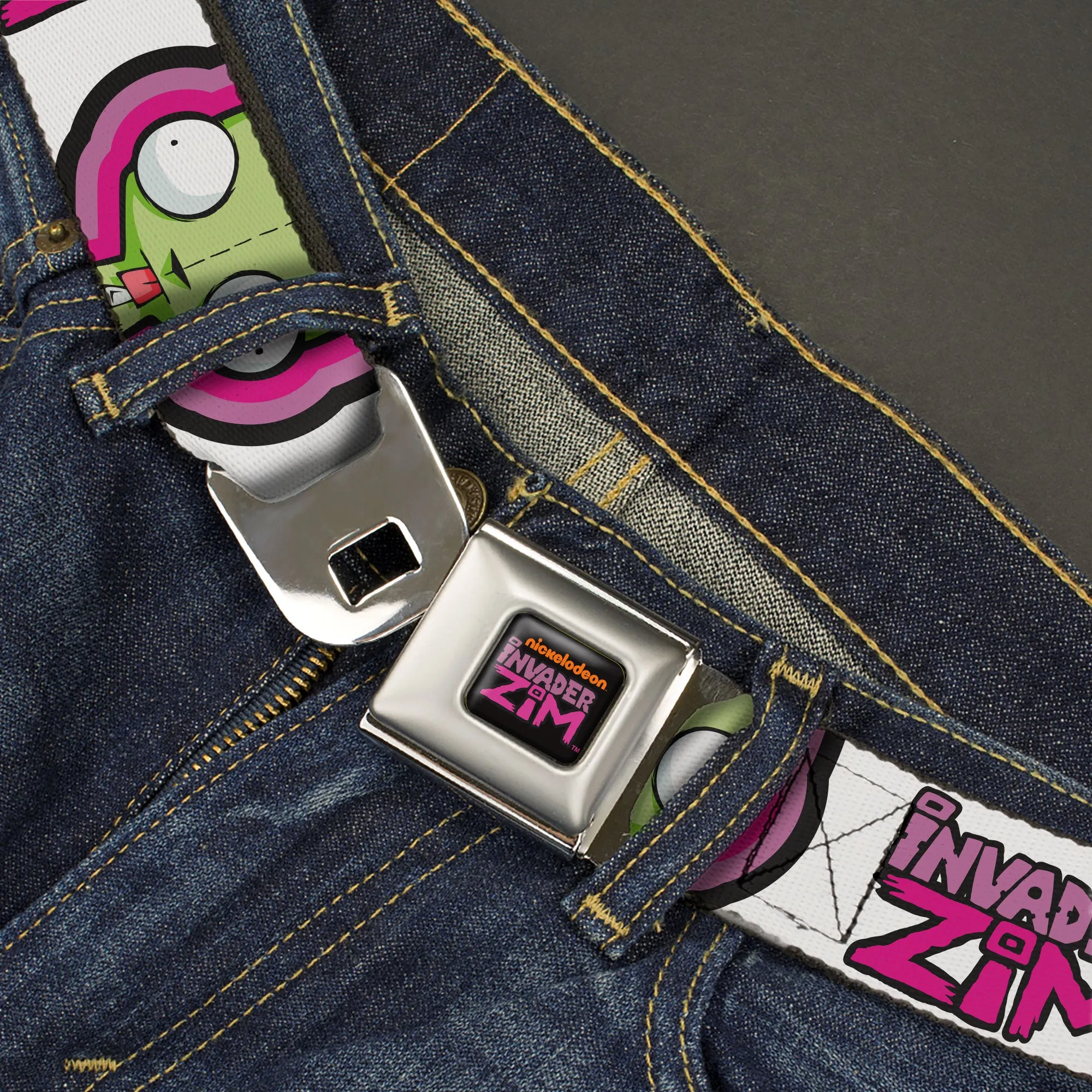 INVADER ZIM Title Logo Full Color Pink/Green Seatbelt Belt - INVADER ZIM Title Logo and GIR Pose Close-Up White/Pinks Webbing