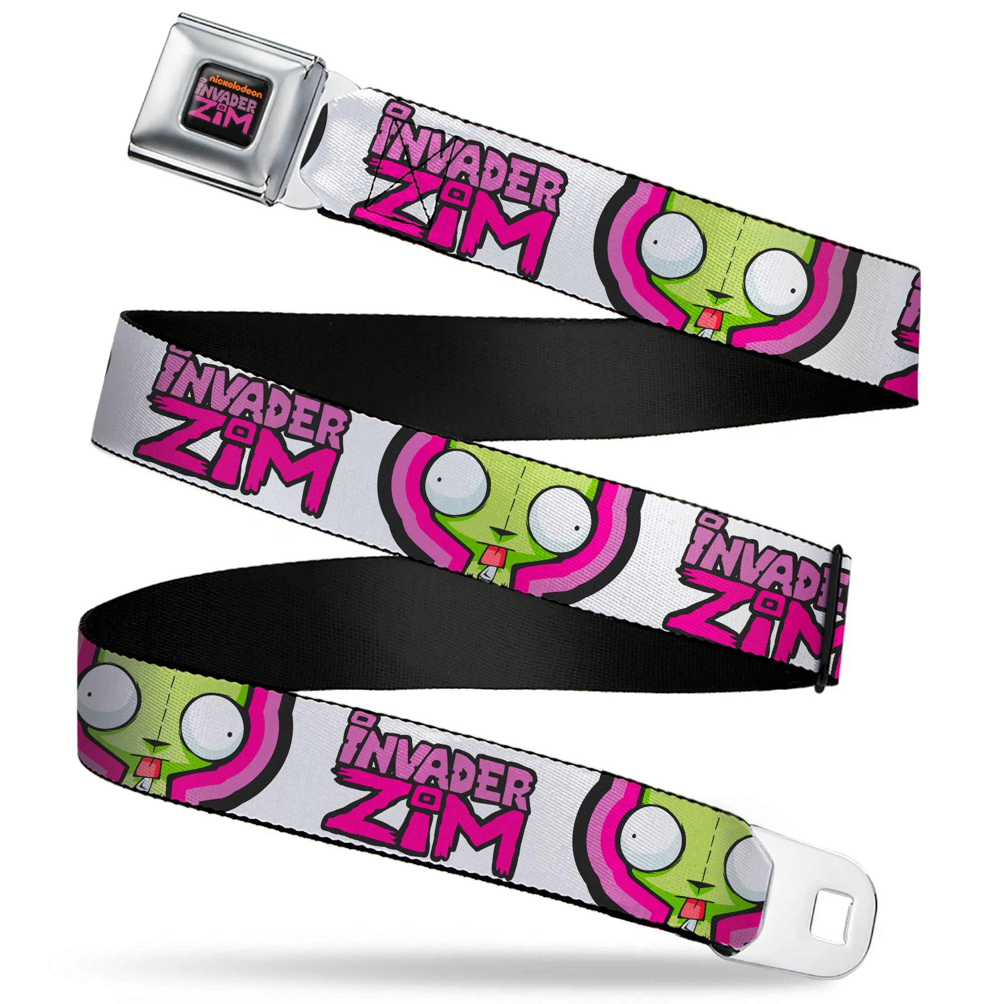 INVADER ZIM Title Logo Full Color Pink/Green Seatbelt Belt - INVADER ZIM Title Logo and GIR Pose Close-Up White/Pinks Webbing