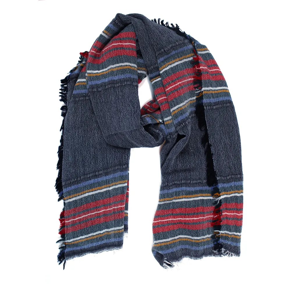 Italian Stripe Scarf with Fringe - Navy