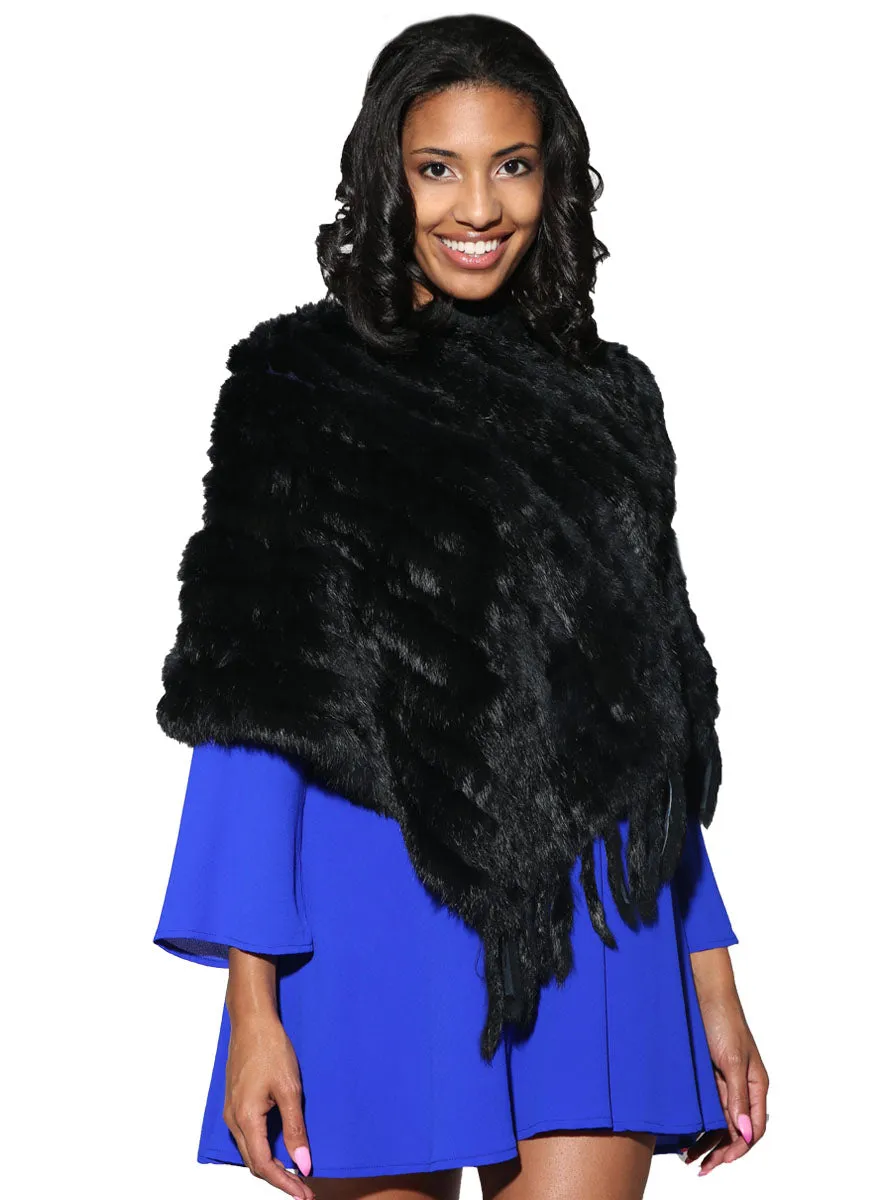 Knitted Rabbit Fur Poncho with Fringe