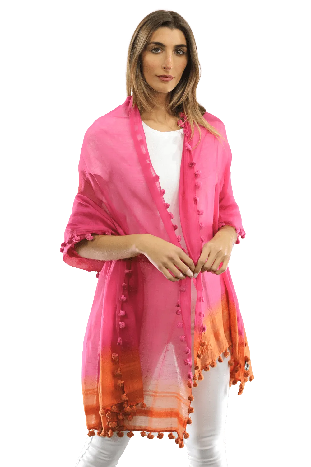 La Fiorentina Solid Silk/Cotton Blend Scarf with Fringes - Fuchsia/Peach