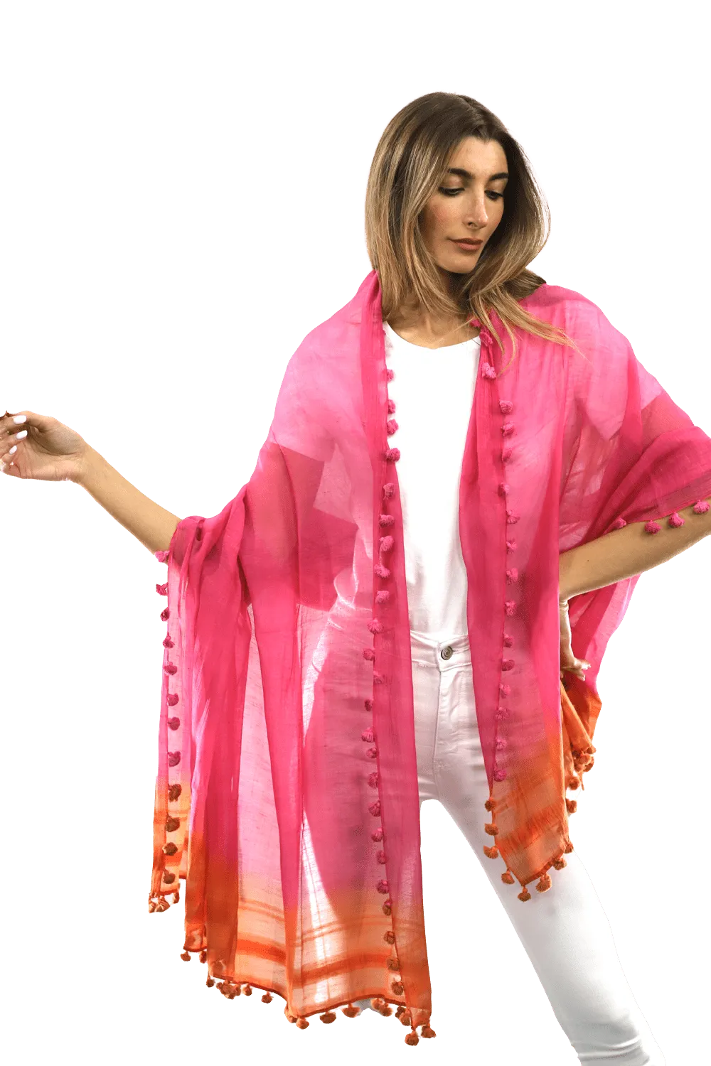 La Fiorentina Solid Silk/Cotton Blend Scarf with Fringes - Fuchsia/Peach