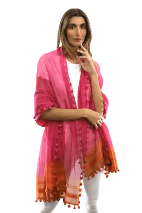 La Fiorentina Solid Silk/Cotton Blend Scarf with Fringes - Fuchsia/Peach