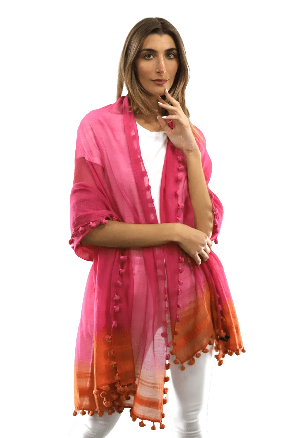 La Fiorentina Solid Silk/Cotton Blend Scarf with Fringes - Fuchsia/Peach