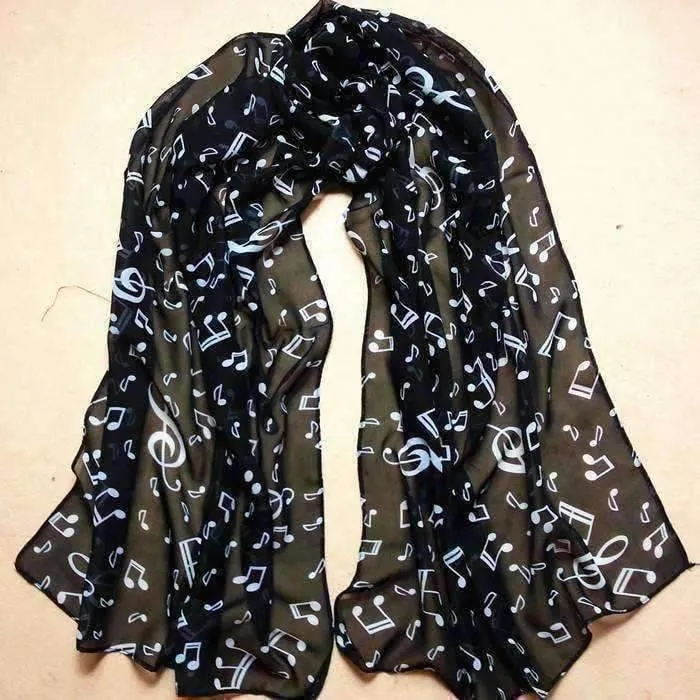 Lady Musical Note Chiffon Neck Scarf Shawl Muffler Scarves Black, White, Latte or Pink