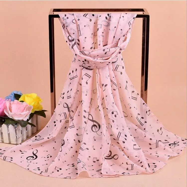 Lady Musical Note Chiffon Neck Scarf Shawl Muffler Scarves Black, White, Latte or Pink