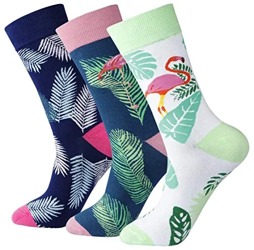 Men's Fun And Colored Dress Socks, Casual Flamingos Hawaiian Pattern Crew Socks