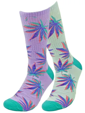 Mens Purple & Green 2-Pack Marijuana Weed Leaf Novelty Crew Socks