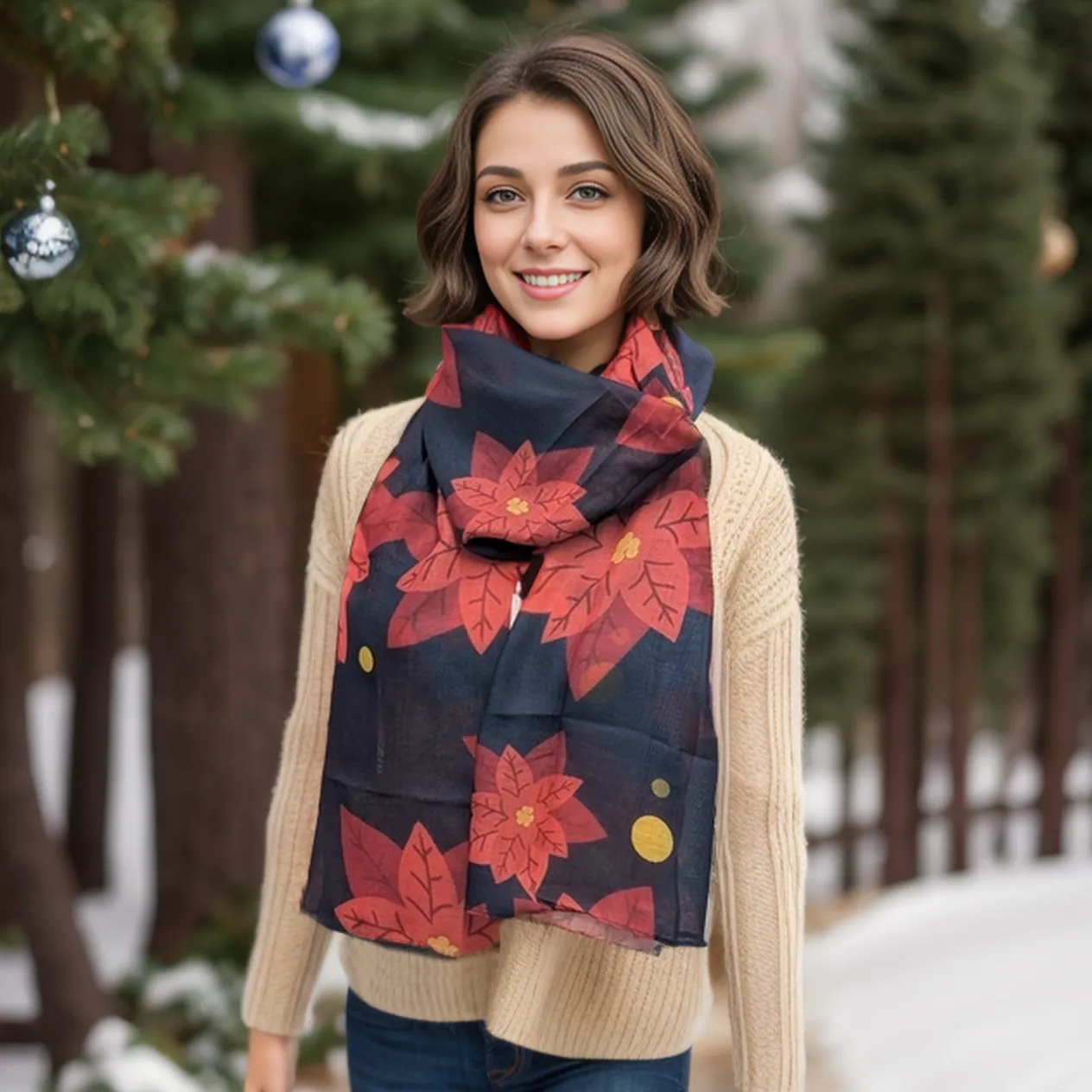 Poinsettia Scarf - Navy Blue