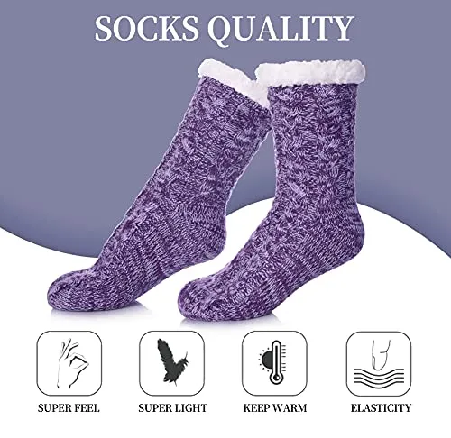 SDBING Women's Winter Super Soft Warm Cozy Fuzzy Fleece-Lined with Grippers Slipper Socks (Dark Purple AB)