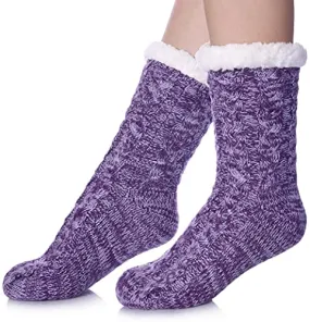 SDBING Women's Winter Super Soft Warm Cozy Fuzzy Fleece-Lined with Grippers Slipper Socks (Dark Purple AB)