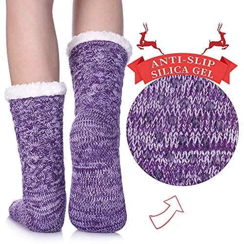 SDBING Women's Winter Super Soft Warm Cozy Fuzzy Fleece-Lined with Grippers Slipper Socks (Dark Purple AB)