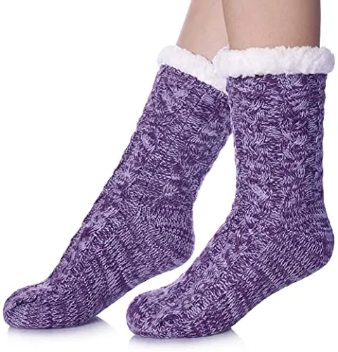 SDBING Women's Winter Super Soft Warm Cozy Fuzzy Fleece-Lined with Grippers Slipper Socks (Dark Purple AB)