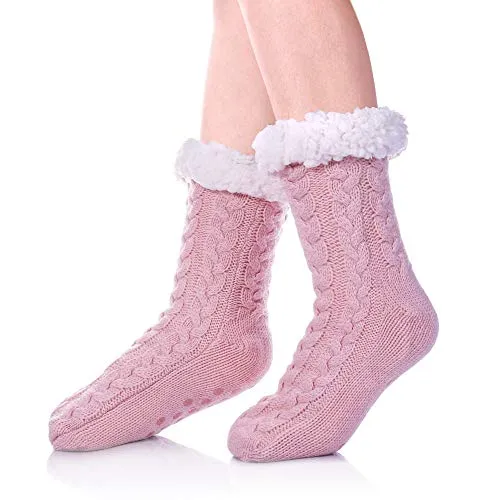 SDBING Women's Winter Super Soft Warm Cozy Fuzzy Fleece-Lined with Grippers Slipper Socks (Light Pink)