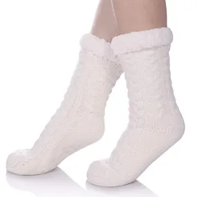 SDBING Women's Winter Super Soft Warm Cozy Fuzzy Fleece-Lined with Grippers Slipper Socks (White)