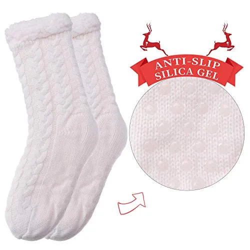 SDBING Women's Winter Super Soft Warm Cozy Fuzzy Fleece-Lined with Grippers Slipper Socks (White)