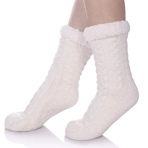 SDBING Women's Winter Super Soft Warm Cozy Fuzzy Fleece-Lined with Grippers Slipper Socks (White)