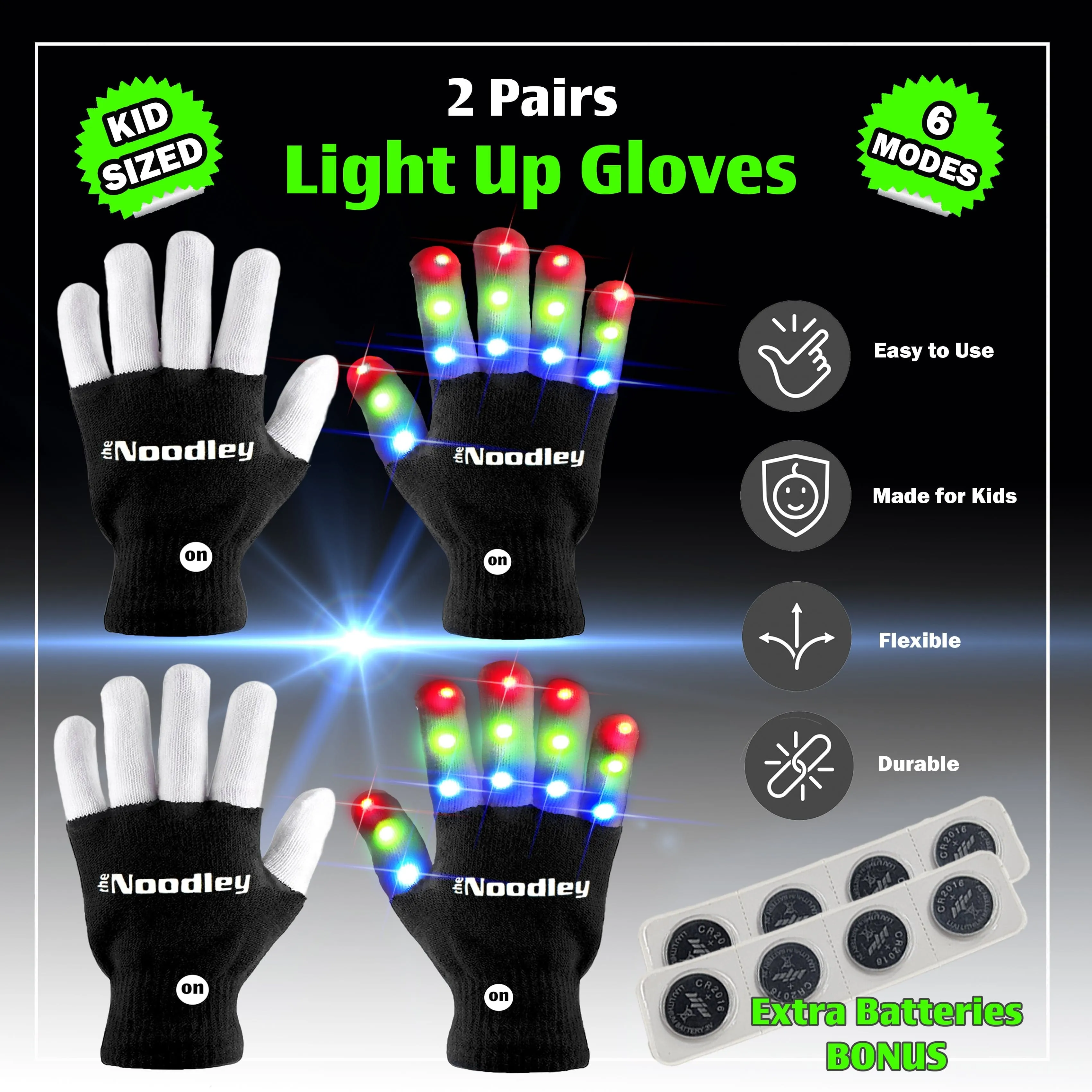 The Noodley Kids' 2 Pairs LED Light up Gloves