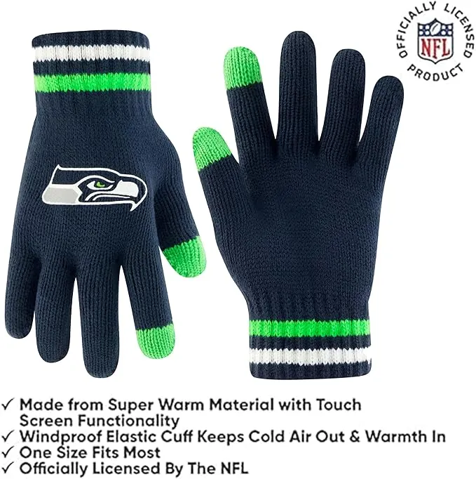 Ultra Game Youth NFL Official Super Soft Team Stripe Winter Beanie Knit Hat with Extra Warm Touch Screen Gloves|Seattle Seahawks