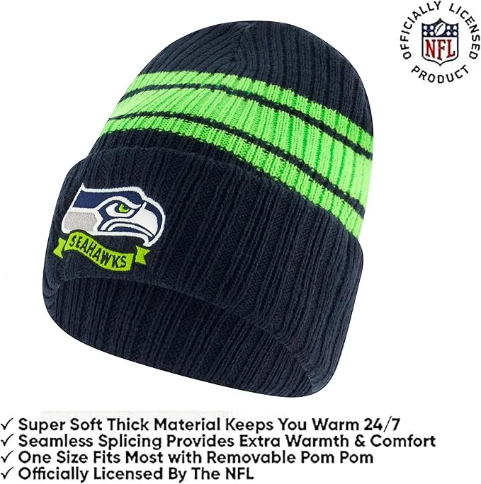 Ultra Game Youth NFL Official Super Soft Team Stripe Winter Beanie Knit Hat with Extra Warm Touch Screen Gloves|Seattle Seahawks