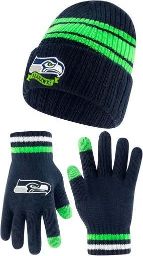 Ultra Game Youth NFL Official Super Soft Team Stripe Winter Beanie Knit Hat with Extra Warm Touch Screen Gloves|Seattle Seahawks