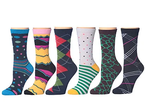 Women's Colorful Dots & Stripes Patterned Fashion Crew Socks, 12-Pack