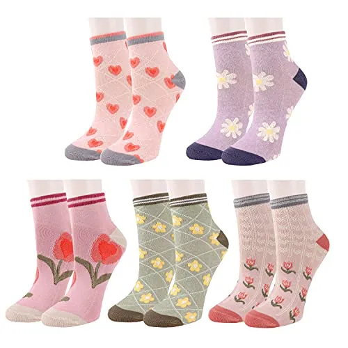 Womens Gils Novelty Funny Funky Crew Socks Colorful Crazy Cute Floral Animal Food Patterned Cotton Dress Socks Gifts，5 Pair Daidy Tulip Rose