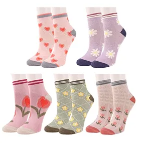 Womens Gils Novelty Funny Funky Crew Socks Colorful Crazy Cute Floral Animal Food Patterned Cotton Dress Socks Gifts，5 Pair Daidy Tulip Rose