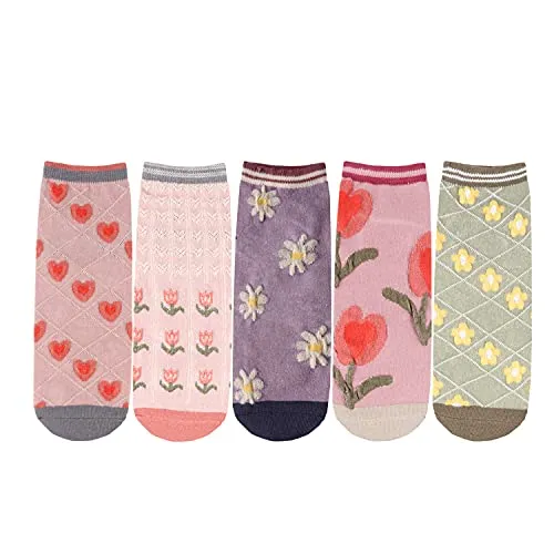 Womens Gils Novelty Funny Funky Crew Socks Colorful Crazy Cute Floral Animal Food Patterned Cotton Dress Socks Gifts，5 Pair Daidy Tulip Rose