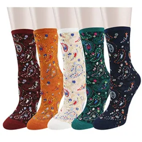 Womens Gils Novelty Funny Funky Crew Socks Colorful Crazy Cute Floral Animal Food Patterned Cotton Dress Socks Gifts,5 Pair Paisley Flower